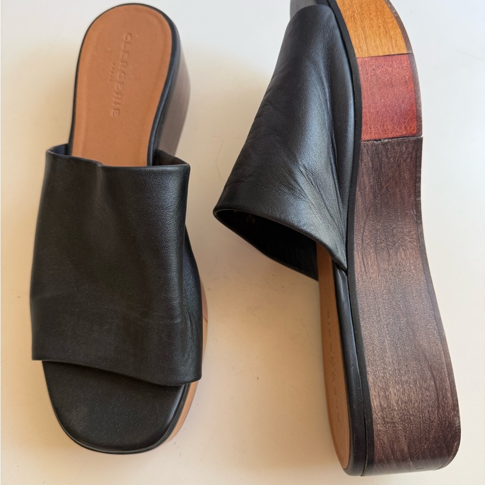 Robert Clergerie Black and Brown Mules with Wooden Sole